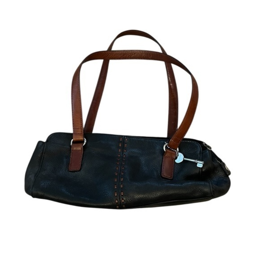 FOSSIL black & brown leather east-west handbag purse w/ signature key